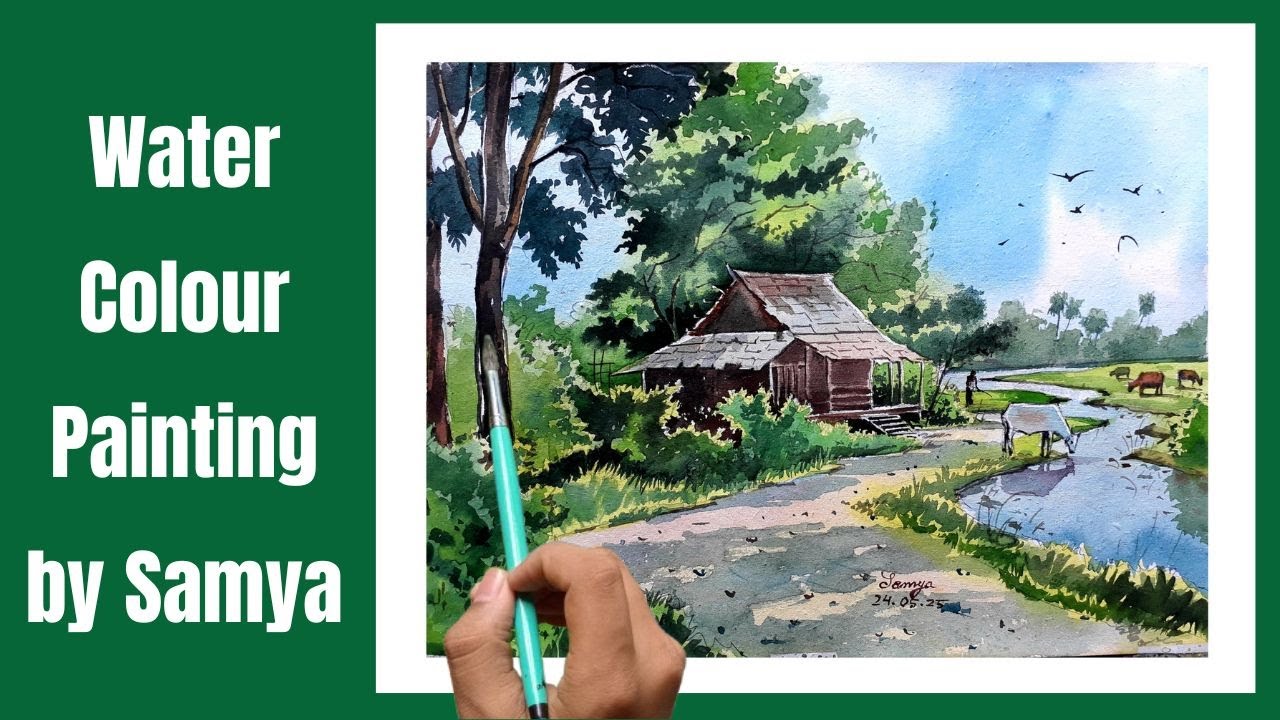 How to paint a simple village nature scenery with watercolor easy | Art with Samya-92