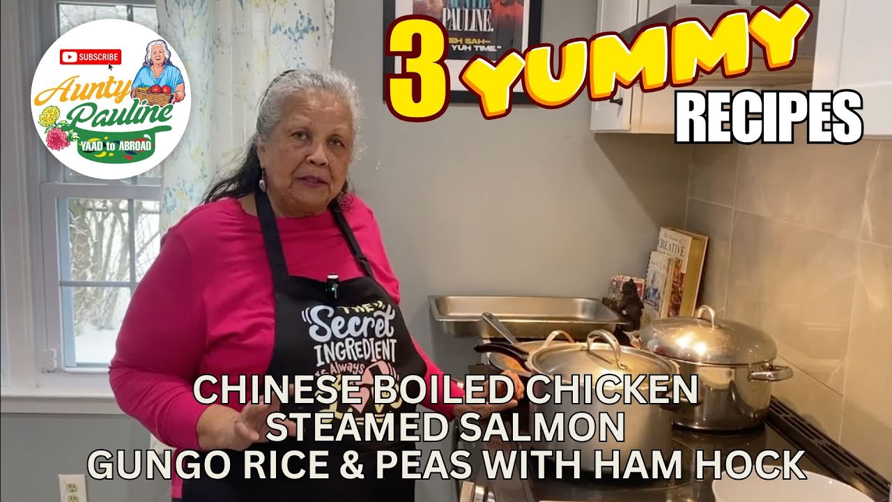 Chinese Boiled Chicken (Pak Jam Gai), Easy Steamed Salmon and quick and easy Gungo Rice & Peas
