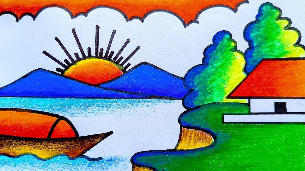 Sunset drawing simple / Sunset drawing scenery 