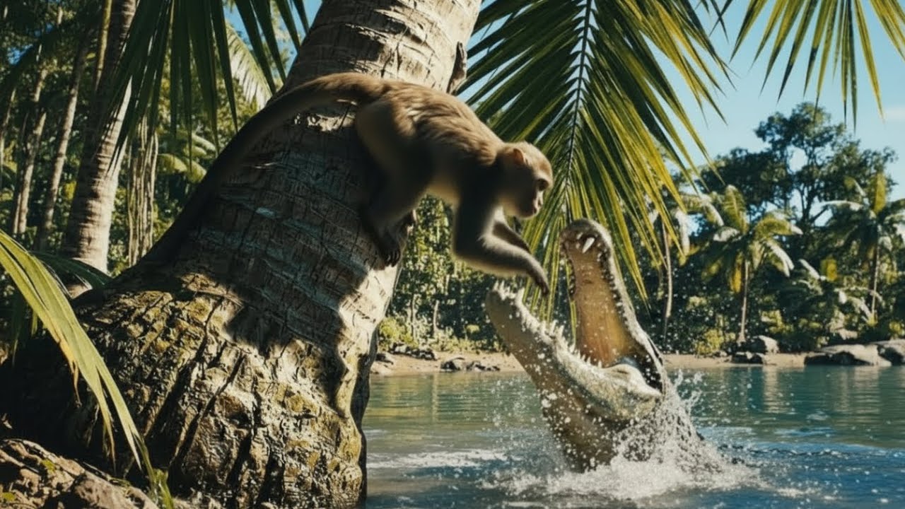 Monkey Ninja grabbed a shovel! 🐒💪Danger lurks in the river. and a very angry crocodile! 🐊✨
