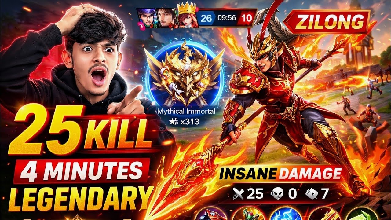 ZILONG 25 KILL MONSTER 🔥 4 Minutes Legendary Gameplay | Mythical Immortal  |moba legends 5v5