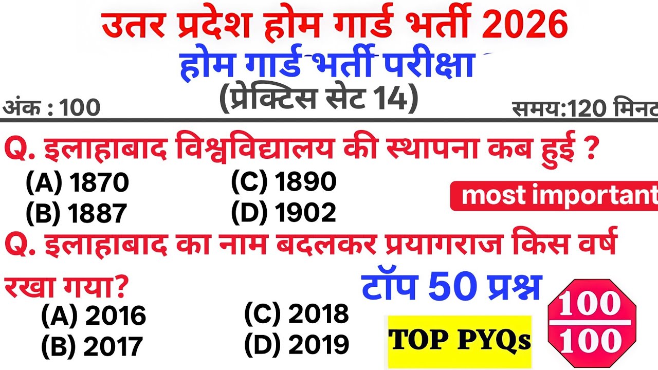 उत्तर प्रदेश होम गार्ड भर्ती 2026 | GK प्रैक्टिस सेट-14 | टॉप PYQs | महत्वपूर्ण प्रश्न