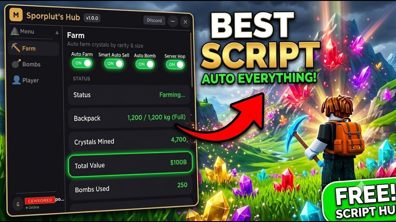 This Script AUTO FARM BEST CRYSTALS AND SERVER HOPS (Roblox Mine a Mountain [OP] SCRIPT) PC & MOBILE