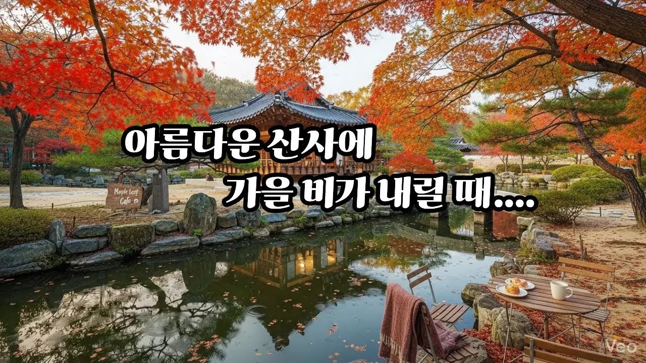 가을비 내리는 아름다운 산사 카페, 비와 음악이 함께하는 치유의 시간.@SpaceofSeason #ai