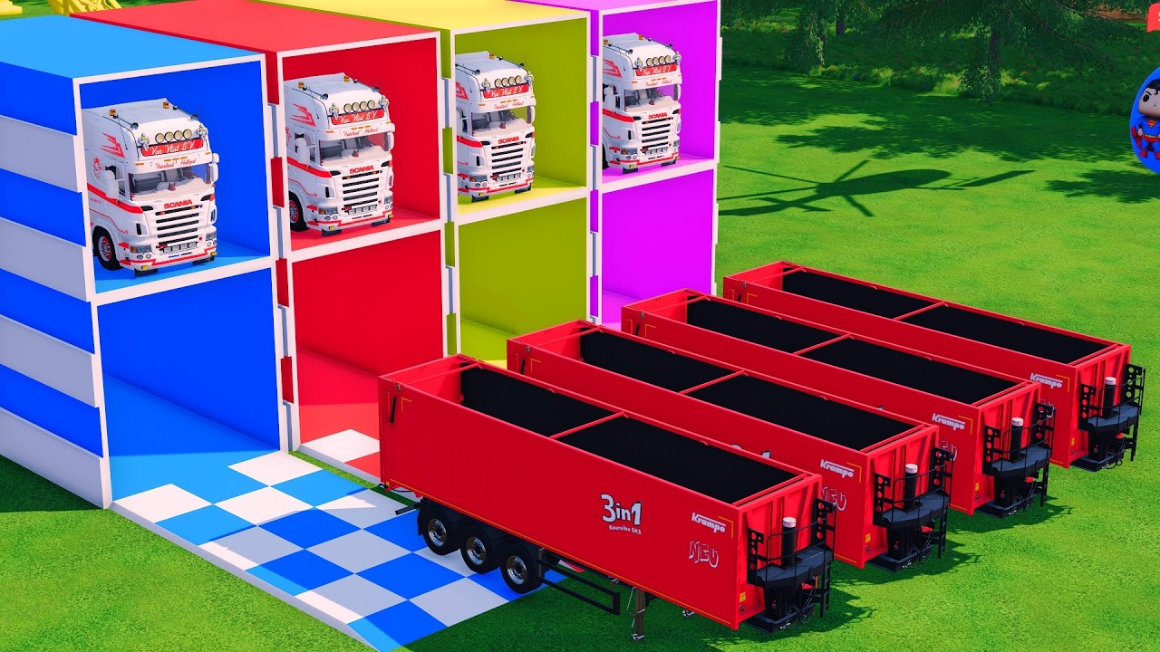 TRANSPORTING BUS, POLICE CARS, DUMP TRUCK, BOX TRUCK, FIRE TRUCK WITH SCANIA TRUCK - FS22