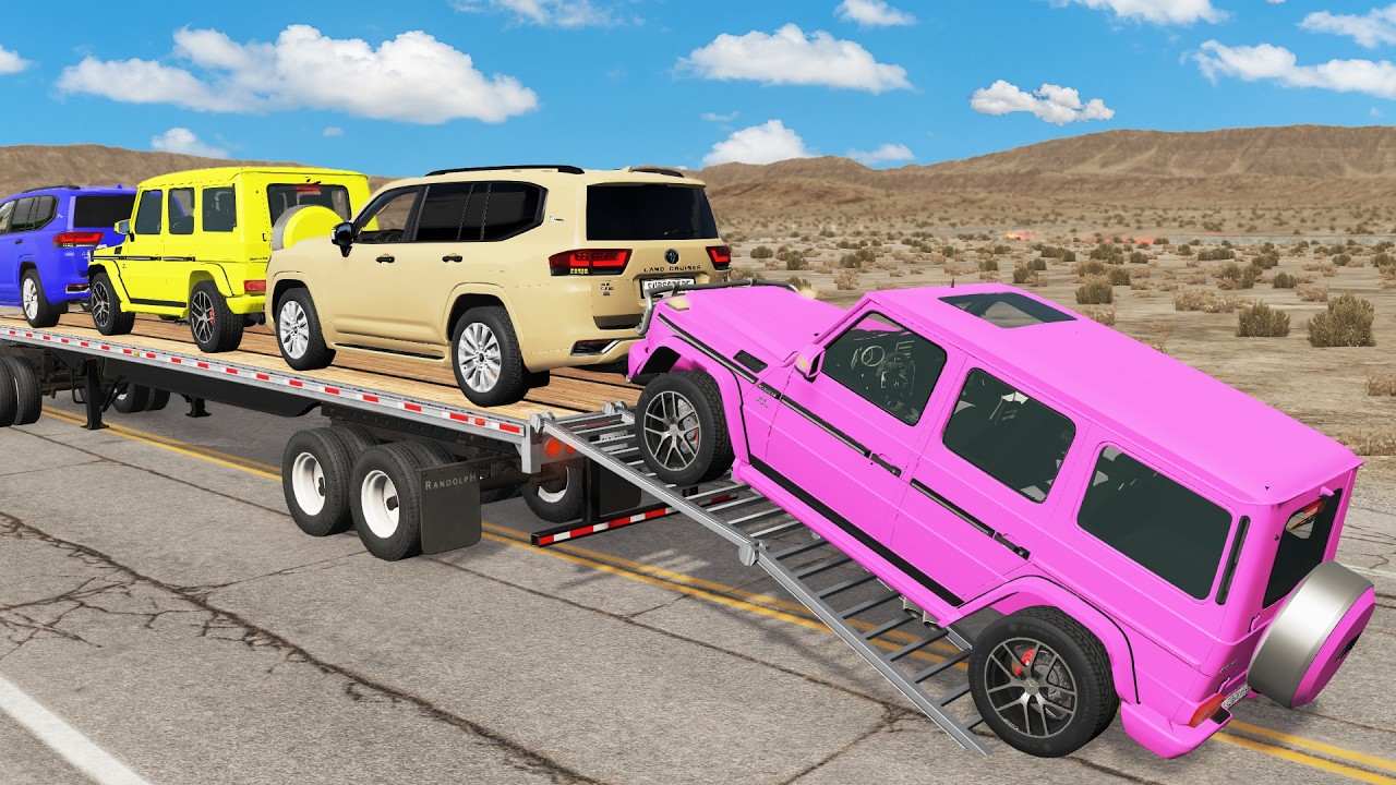 Triple Flatbed Trailer McQueen Transportation with Truck - Speedbumps vs Cars vs Train - BeamNG #04