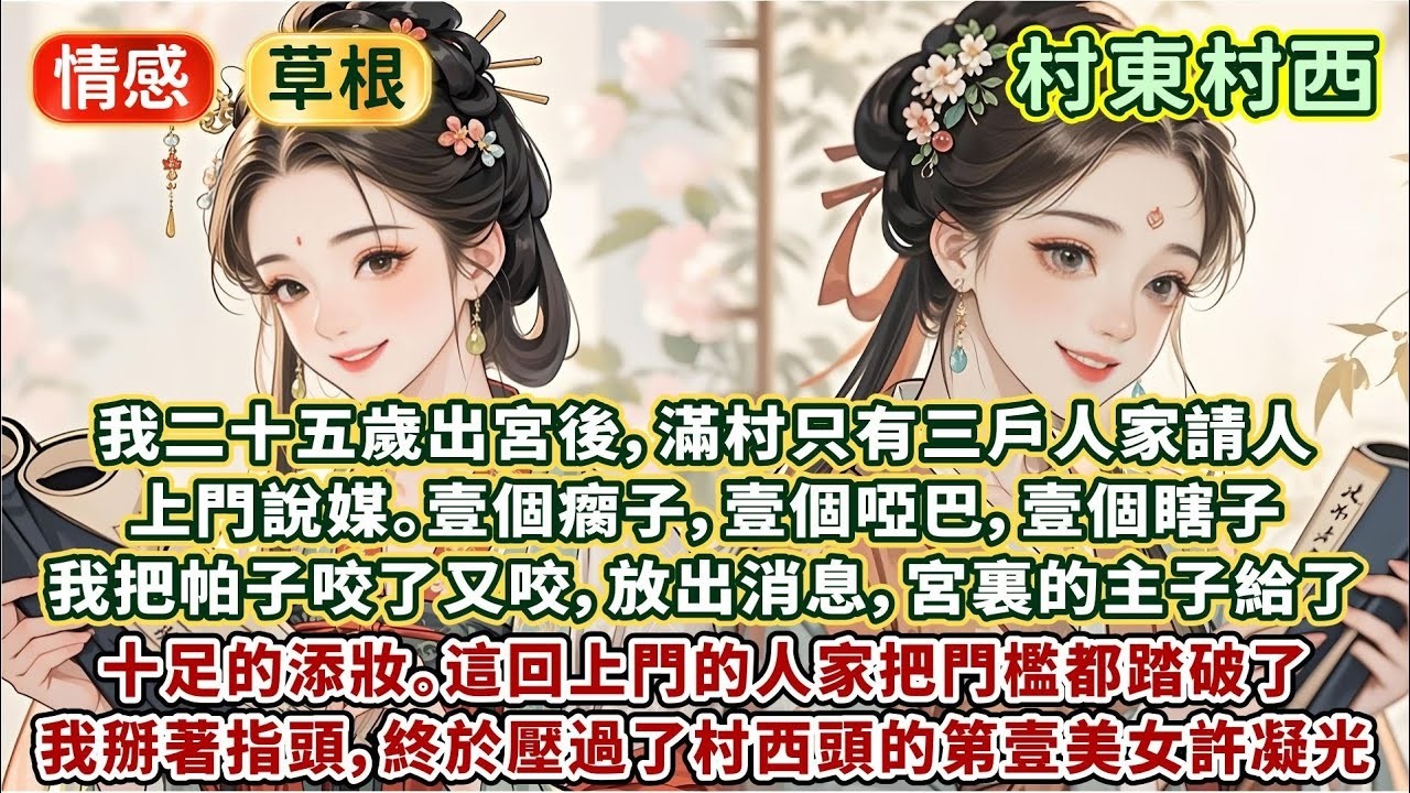 完結好看文：我二十五歲出宮後，滿村只有三戶人家請人上門說媒。壹個瘸子，壹個啞巴，壹個瞎子。於是我放出消息，宮裏的主子給了十足的添妝。這回上門的人家把門檻都踏破了，終於壓過了村西頭的第壹美女許凝光