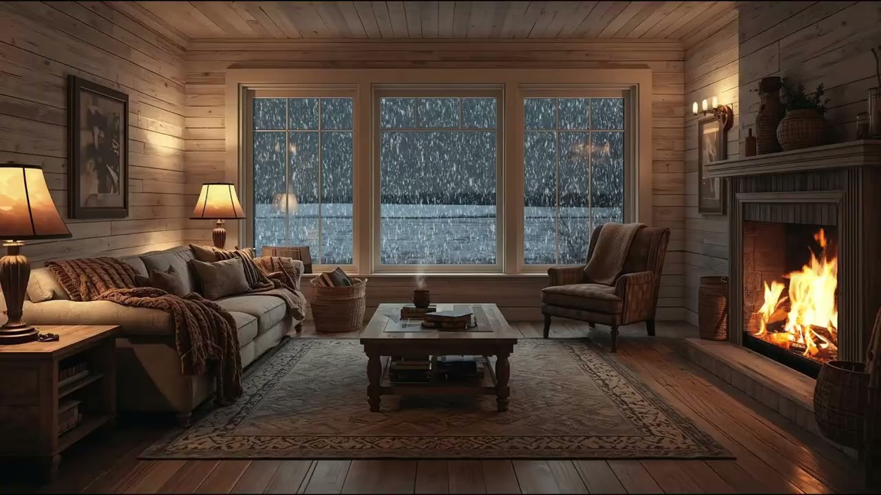 Quiet Winter Farmhouse | Snowy Fields Outside & Fireplace Ambience