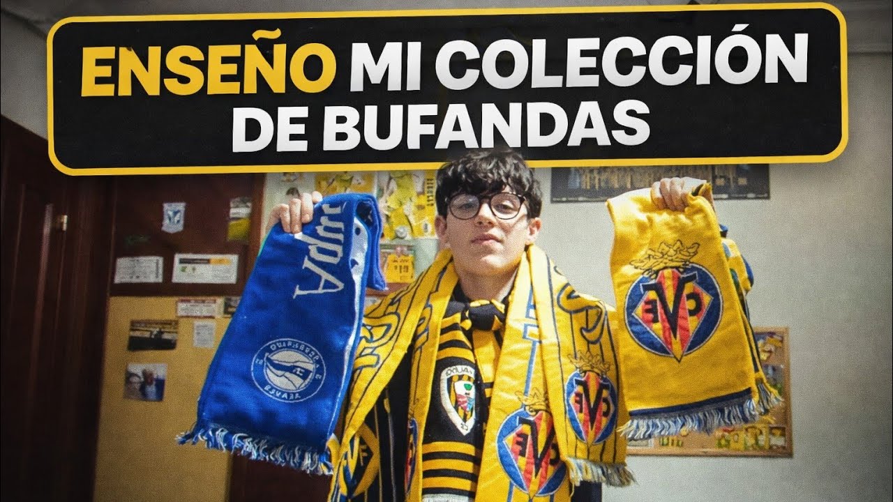Enseño mi colección de bufandas de fútbol. 