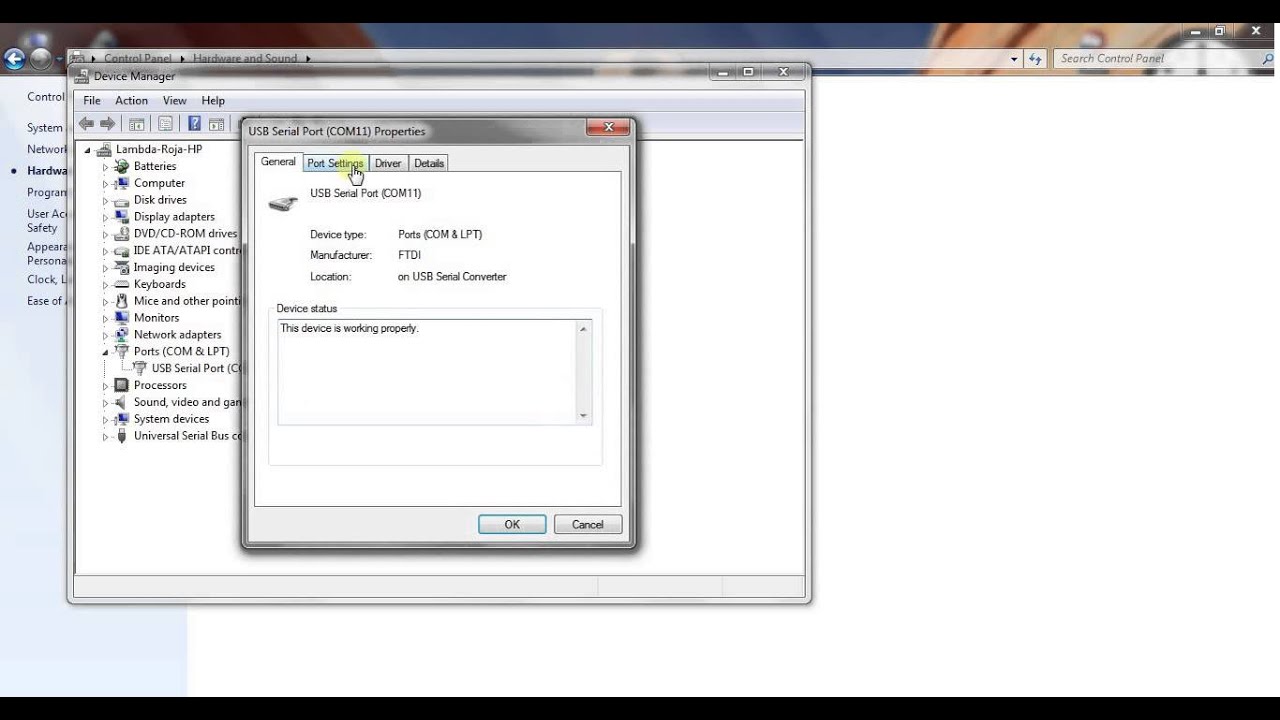 Procedure to set up COM port for PC control software