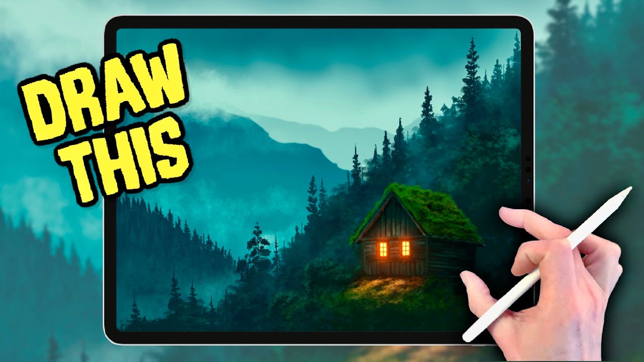 Учебное пособие по рисованию ландшафта в PROCREATE по простым шагам — Mountain Cabin