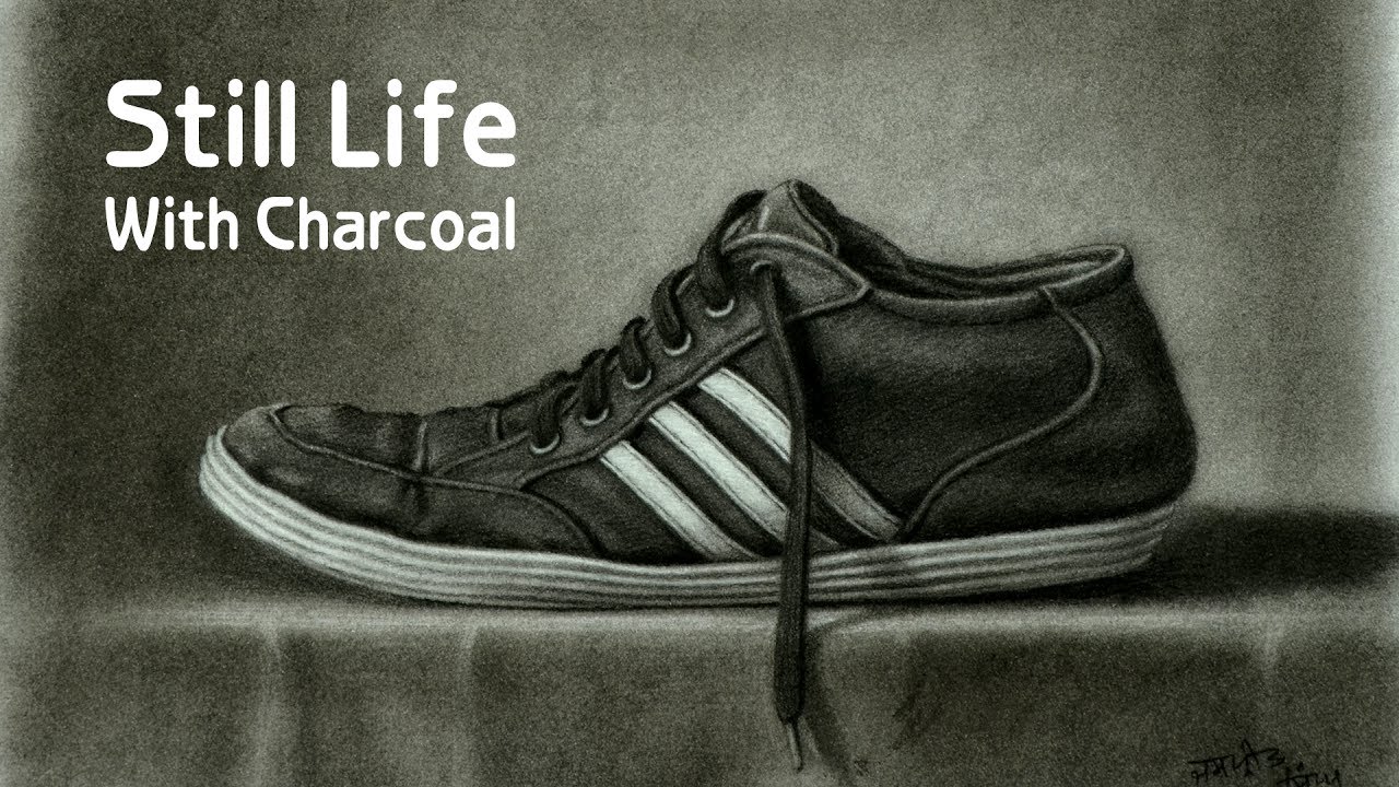 ' Adidas Shoe ' Still Life Drawing With Charcoal Demonstration by Artist Jaspreet Singh