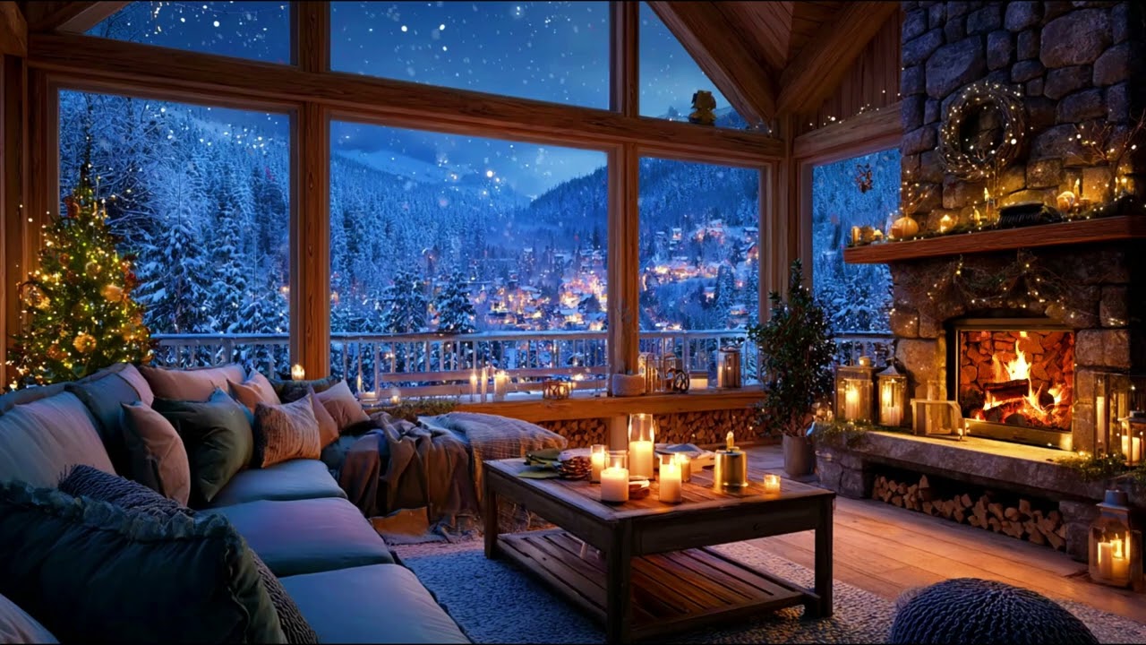 Warm Fireplace & Falling Snow | Relaxing Winter Ambience with Calm Background Music for Deep Sleep