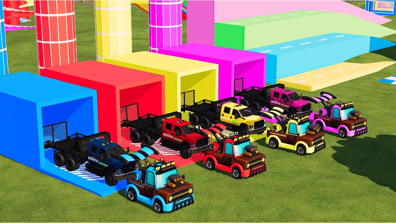 Garage with Colors - ALL MIXER TRUCK WITH DOUBLE FLATBED TRAILER POLICE