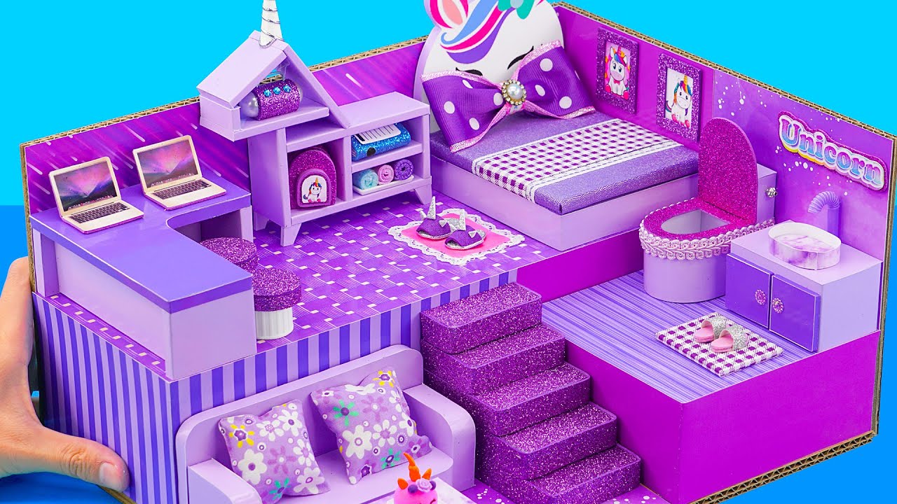 DIY Miniature House #90 Can You Build a Purple Unicorn Miniature House from Cardboard? Find Out Now🦄
