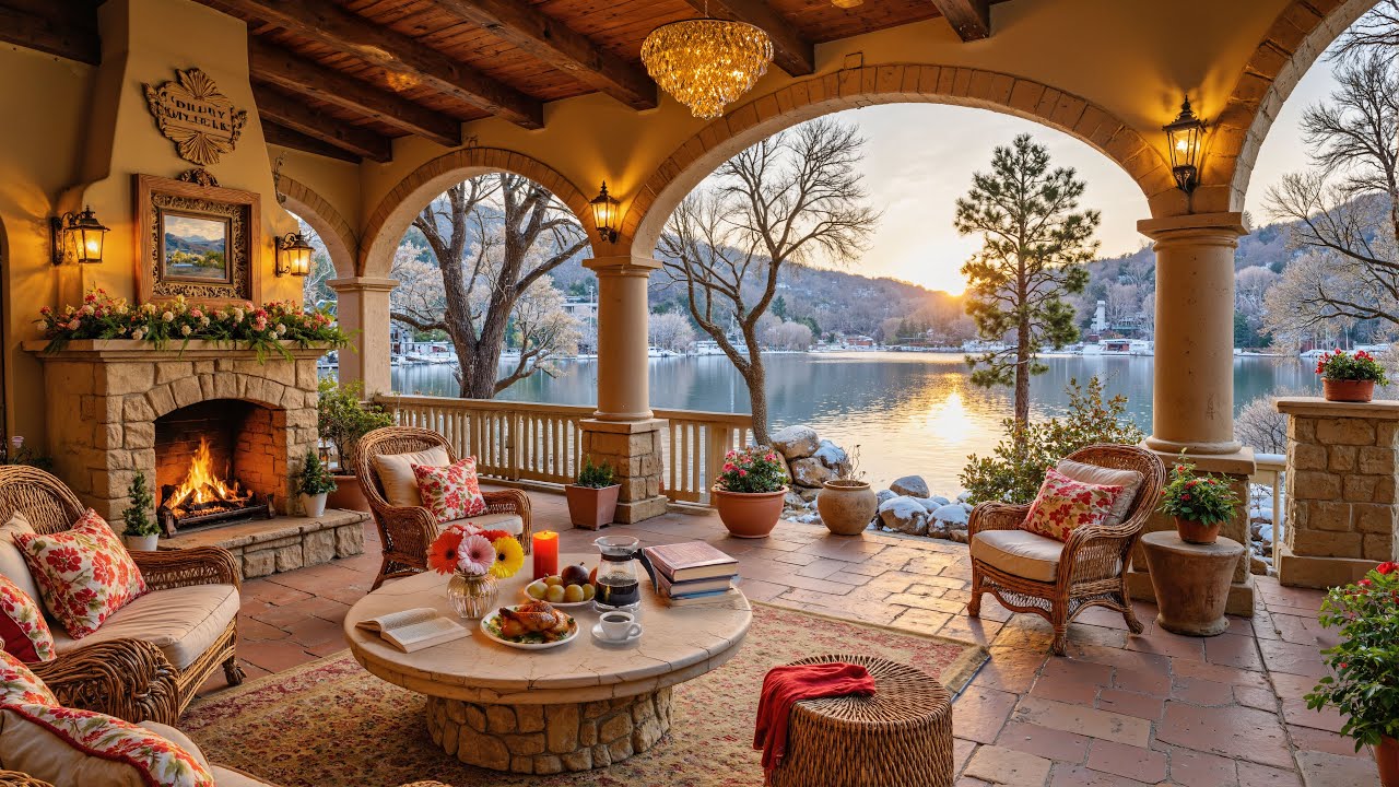 🎶Serene Lakeside Sunset Jazz | Cozy Fireplace Terrace & Warm Golden Glow for Peaceful Evenings