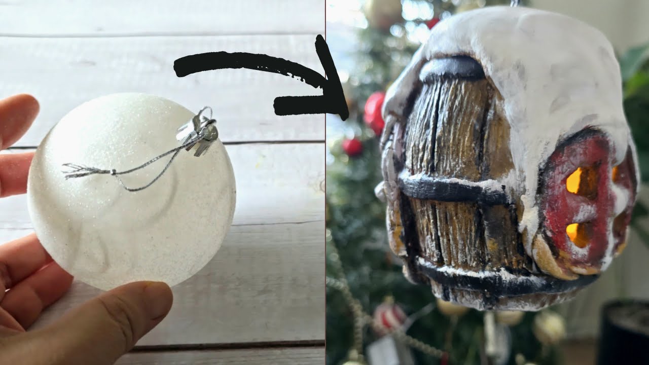 Snowy Wine Barrel House Lamp Using Christmas Bauble