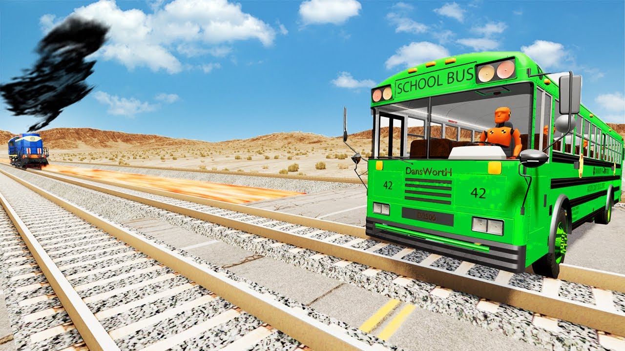 Double Trains vs Lava Crosses Road Rails - Giant Lava Pit - Truck Rescue Bus Cars - BeamNG.Drive 015
