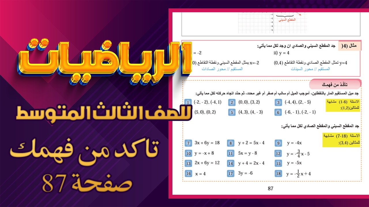 تاكد من فهمك صفحة 87 رياضيات ثالث متوسط ميل المستقيم|ميل المستقيم تاكد من فهمك صفحة 87 رياضيات ثالث