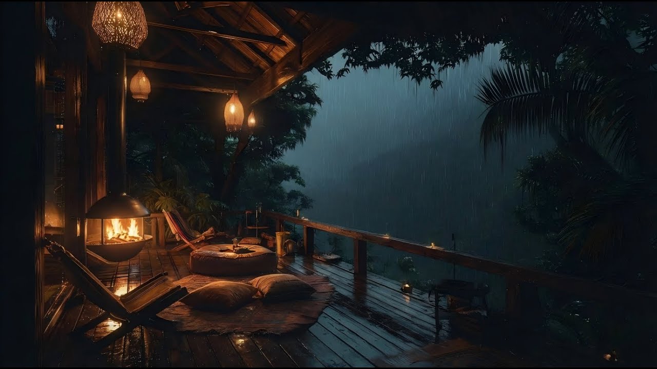 Part 4: Cozy Rain on Porch 🌧️ Jungle Hut & Fireplace Rain Sound for Sleeping & Study. #RainAmbience