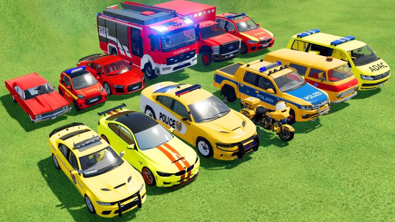 TRANSPORTING CARS, AMBULANCE, POLICE CARS, FIRE TRUCK OF COLORS! WITH MAN TRUCKS! - FS 22