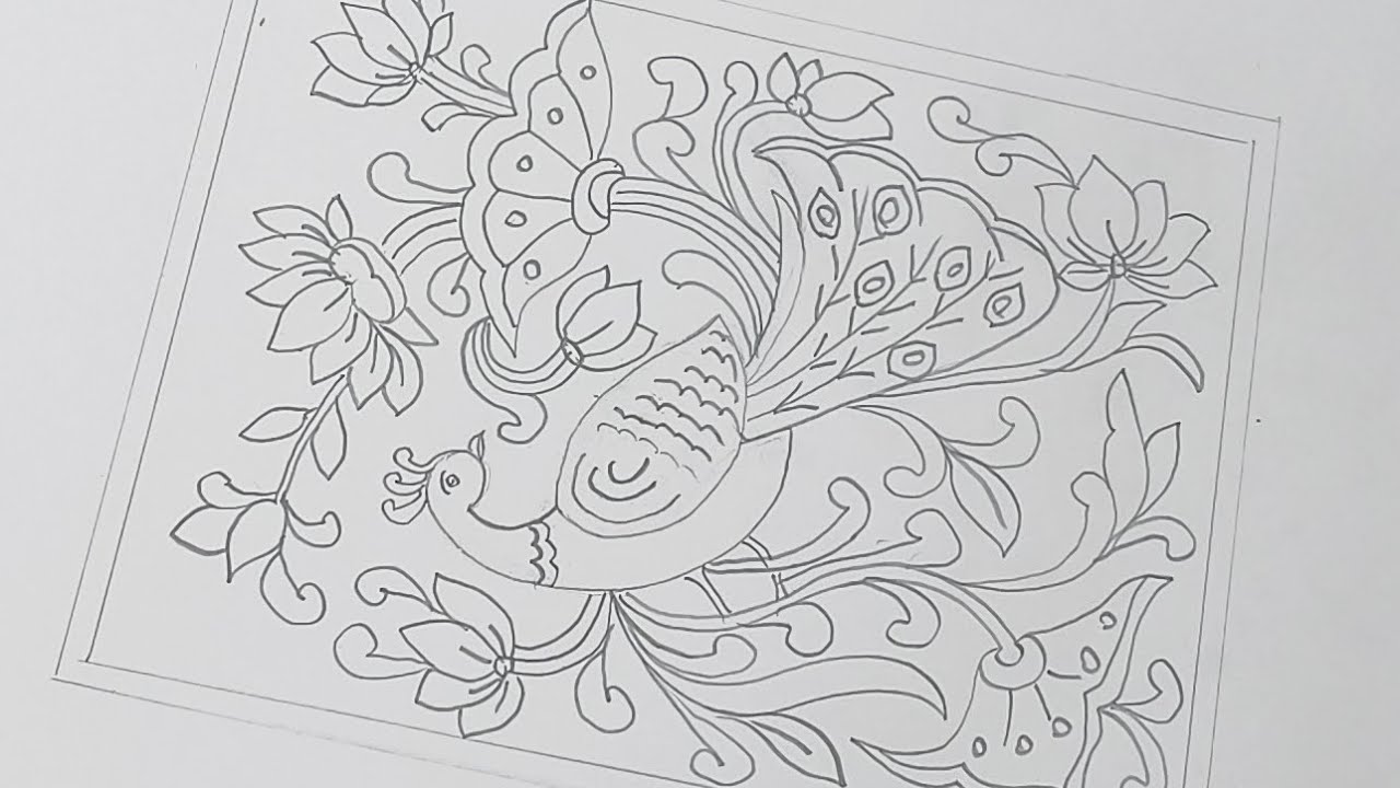 Peacock drawing/Lotus Flower Design/कमल का आलेखन/चतुर्भुज में मोर और कमल का आलेखन 
