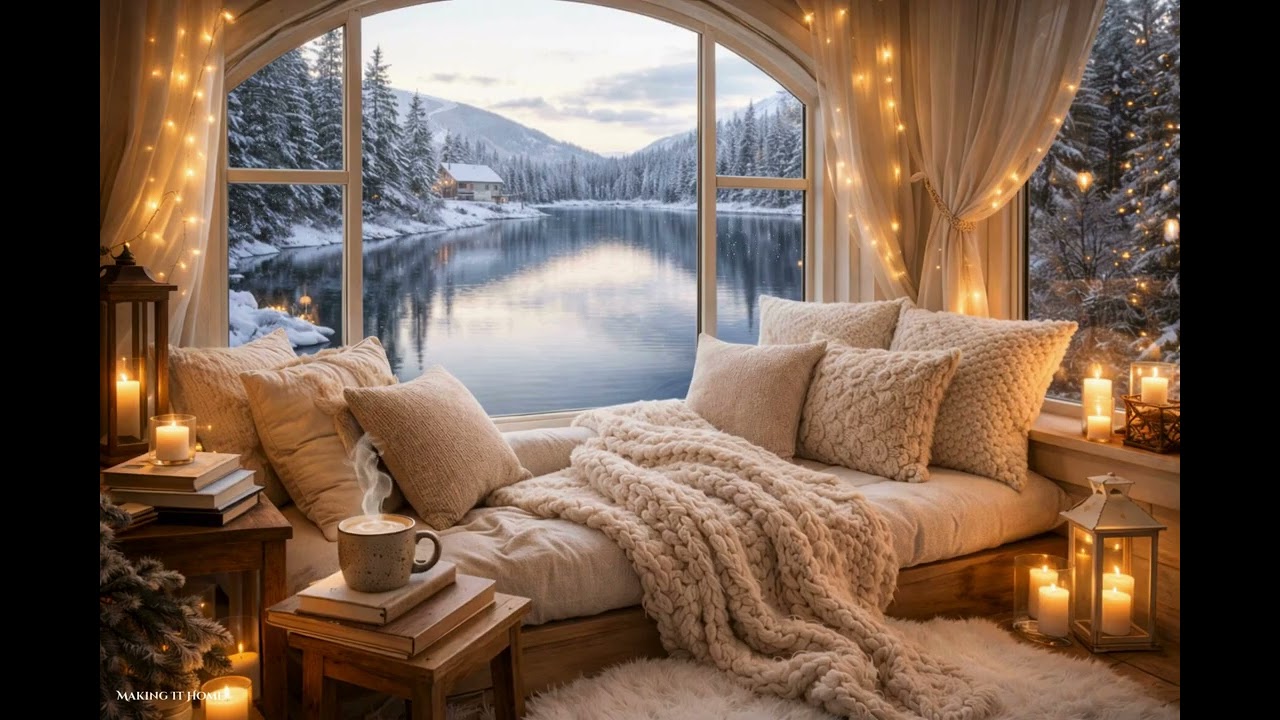 Serene Winter Reading Nook by the Lake 🎸  Soft Acoustic Folk Guitar Ambience