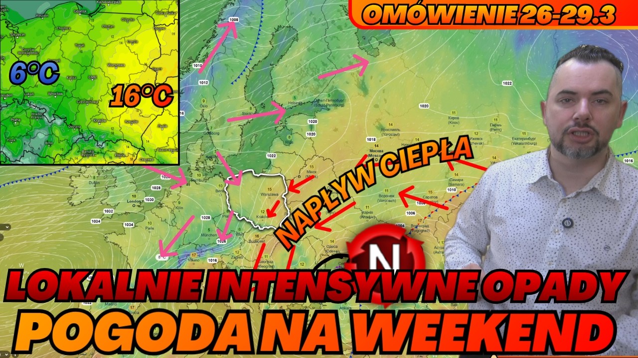 Pogoda na weekend. Na wschodzie napływ ciepła! Do piątku lokalnie intensywne opady na południu.