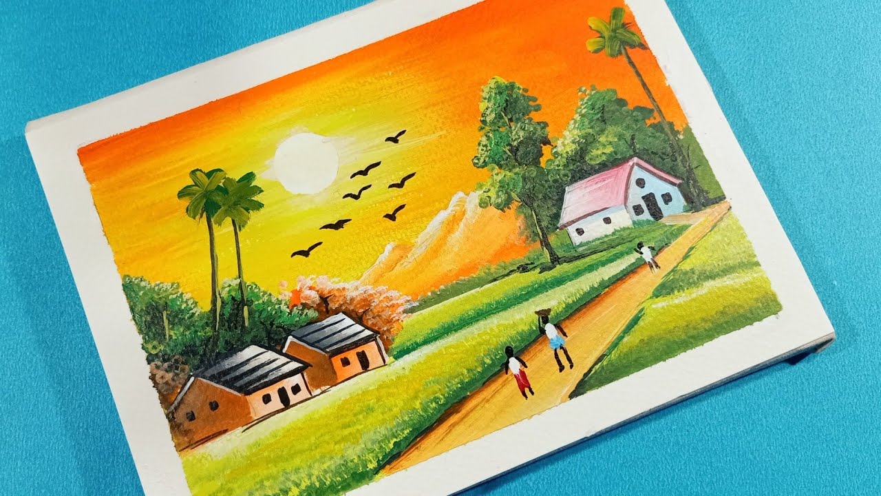 village scenery painting || sunset  acrylic painting  || Acrylic painting #9 ||