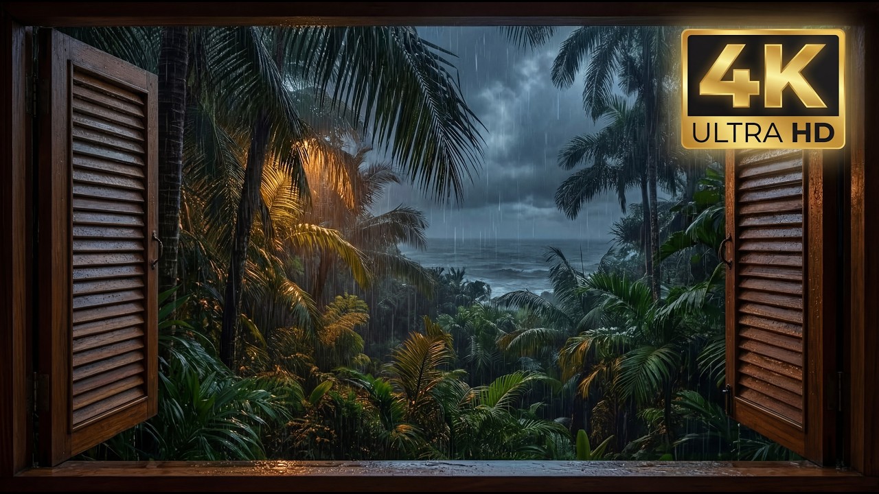 4K Projector Window View: Rain Sounds for Deep Sleep 🌧️ Tropical Jungle Rain Ambience.