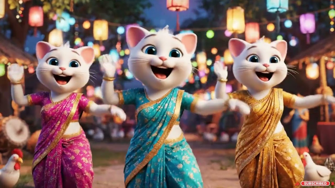 Three White Cats Dancing in Village Celebration | Dodi Dodi Dum Dum | Cute Cartoon Cat Dance