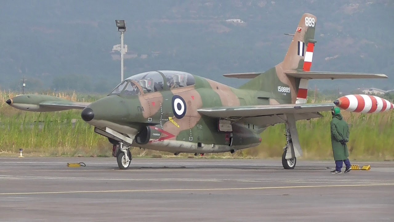 Hellenic Air Force North American T-2E Buckeye engine start up and Take off