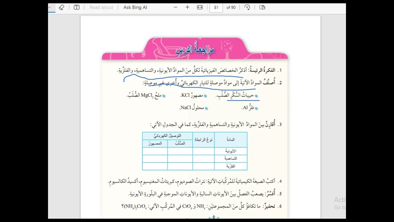 حل اسئلة مراجعة الدرس الصيغ الكيميائية وخصائص المركبات | كيمياء الصف العاشر المنهاج الجديد