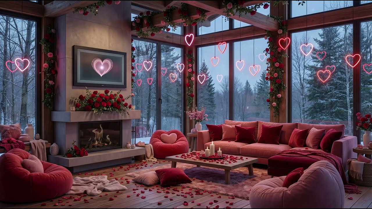 Valentine Cozy Fireplace Ambience 💖 (3 Hours) | Cozy Jazz, Focus & ASMR Snow Sounds