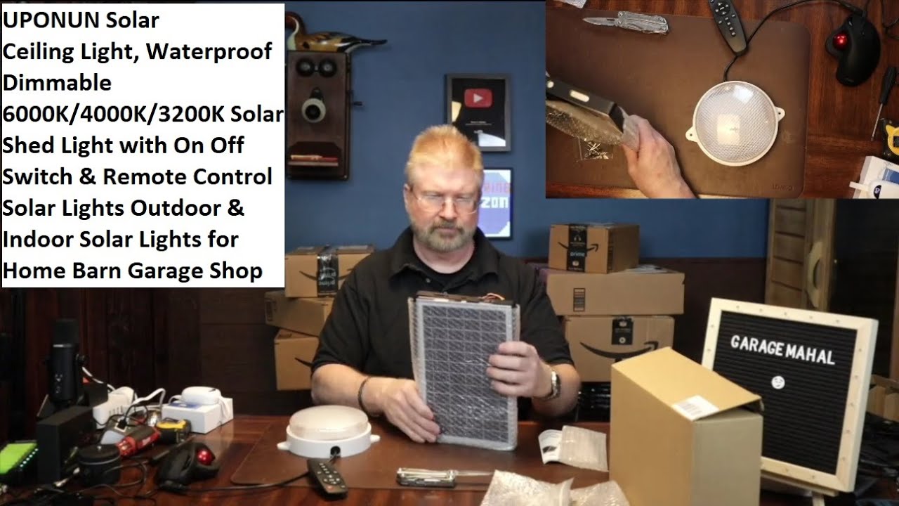 UPONUN Solar Ceiling Light, Waterproof Dimmable 6000K/4000K/3200K Solar Shed Light w/ Remote Control