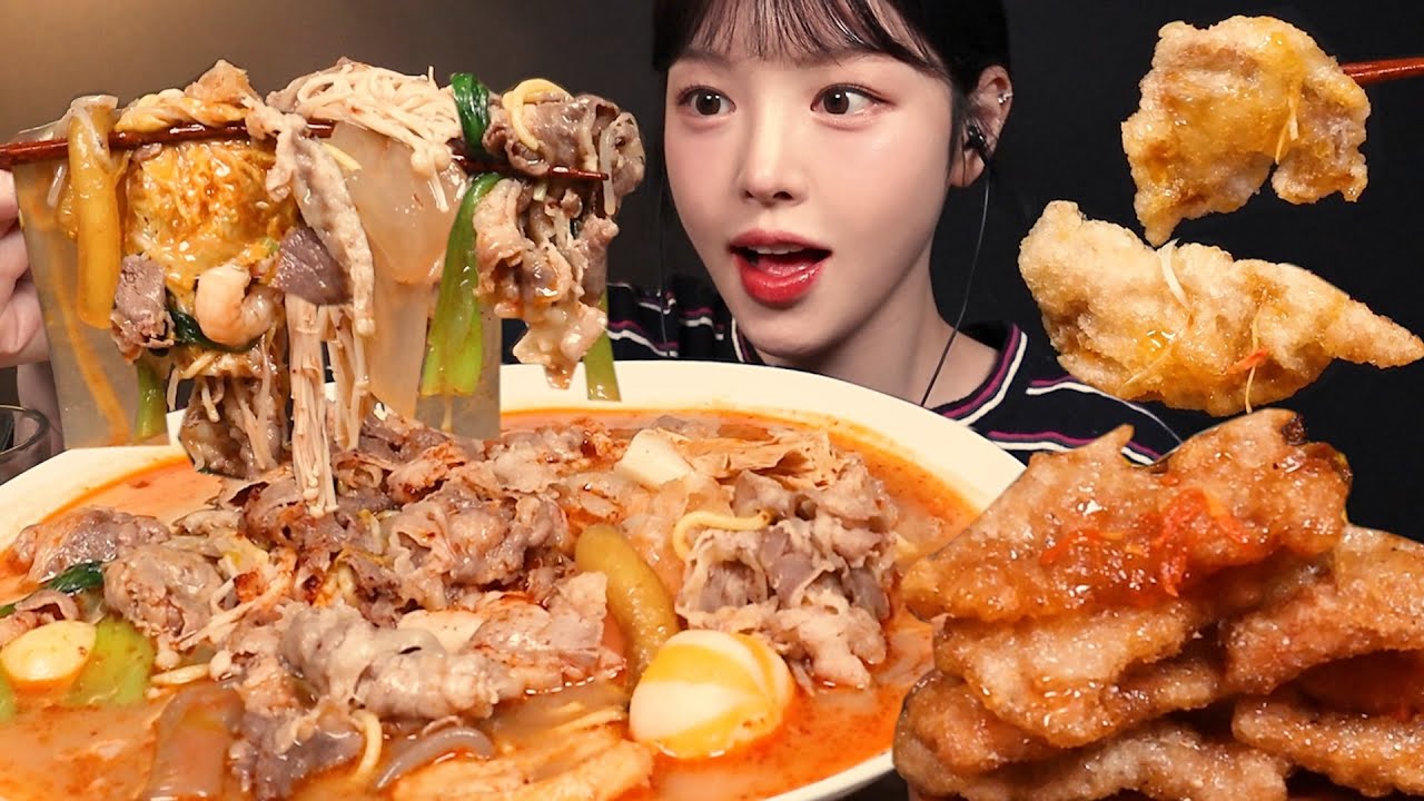 SUB)추운날은 뜨끈한 마라탕이지,,🍜 토핑 왕창 추가한 마라탕에 꿔바로우 먹방! 꿀조합 리얼사운드 Malatang & Guobaorou Mukbang Asmr