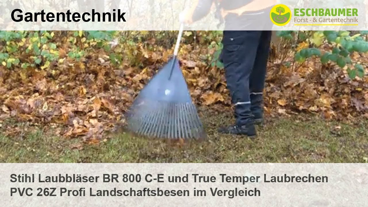 Stihl Laubbläser BR 800 C-E und True Temper Laubrechen PVC 26Z Profi Landschaftsbesen im Vergleich
