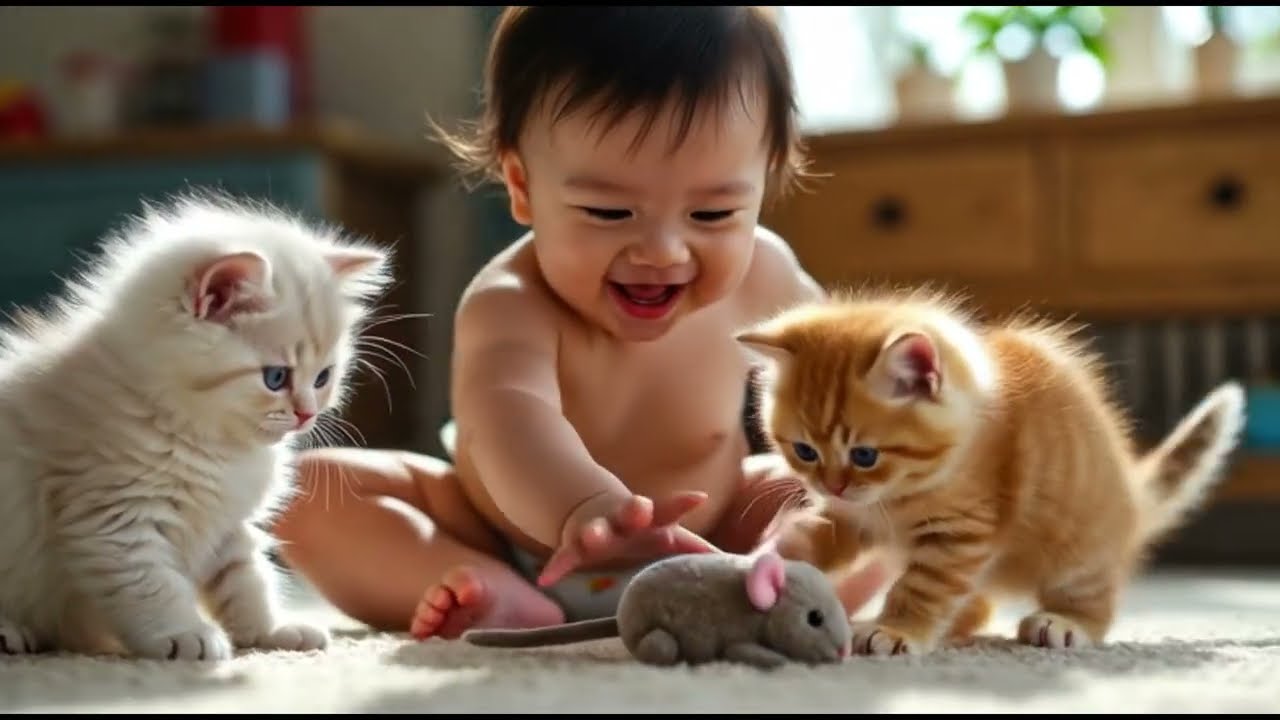 Cute Toddler Laughing at Fluffy Ragdoll Kittens & Rainbow Yarn Ball | 4K Cinematic