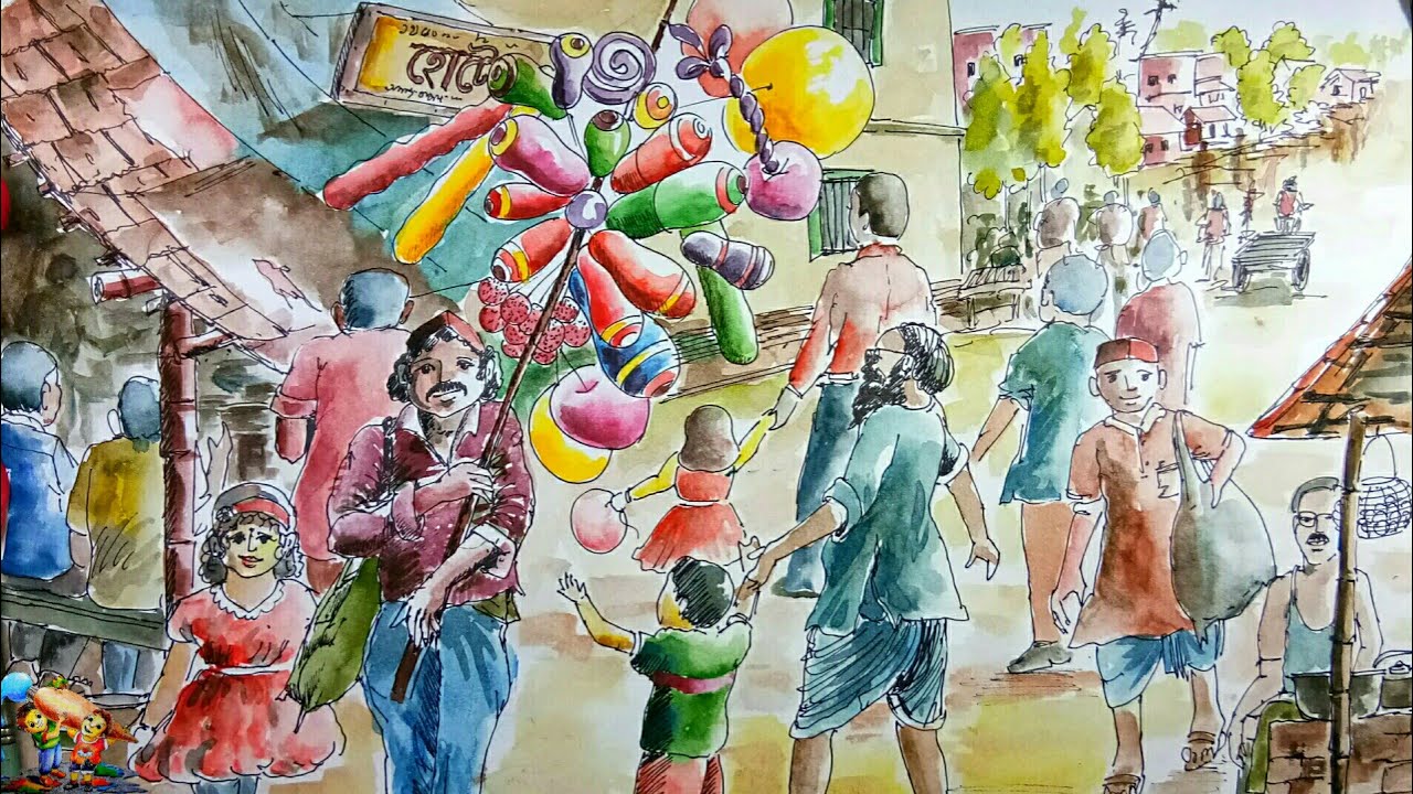 Scenery of village busy area and balloon seller . watercolor painting. Art with AD
