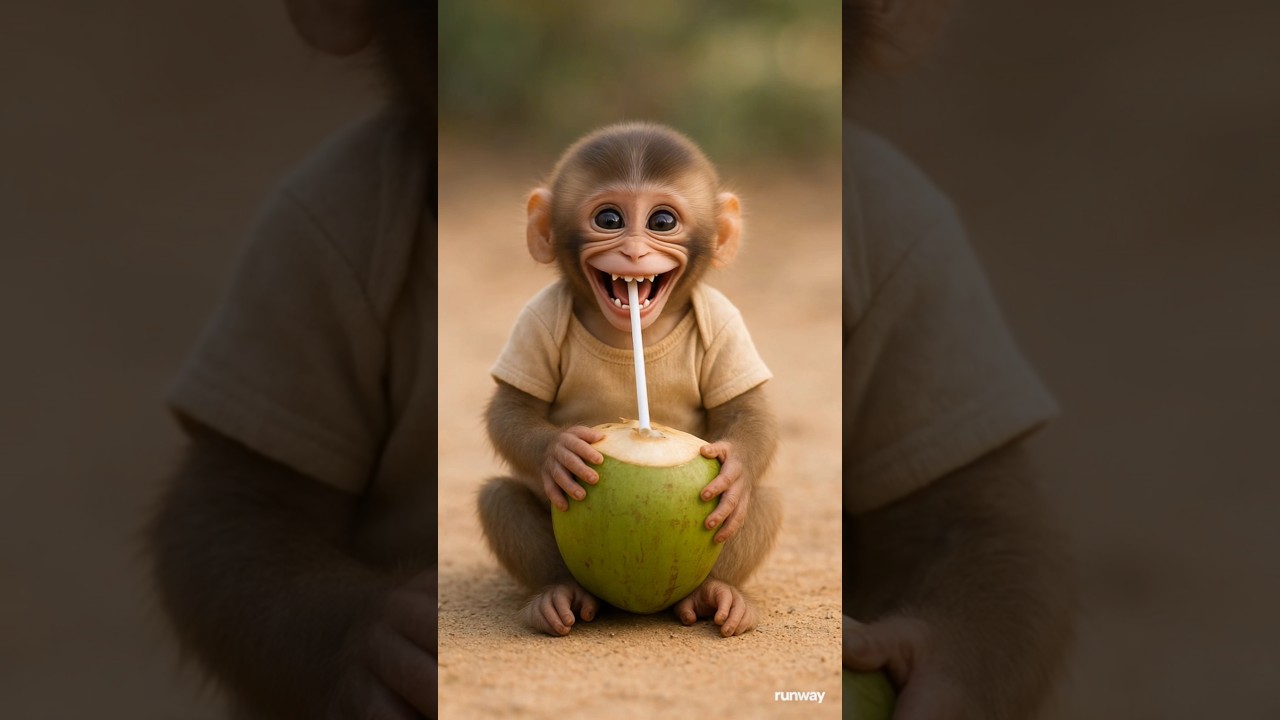Baby Monkey Drinks Coconut Water 🐒🥥#babymonkey #aishorts #viralmonkey