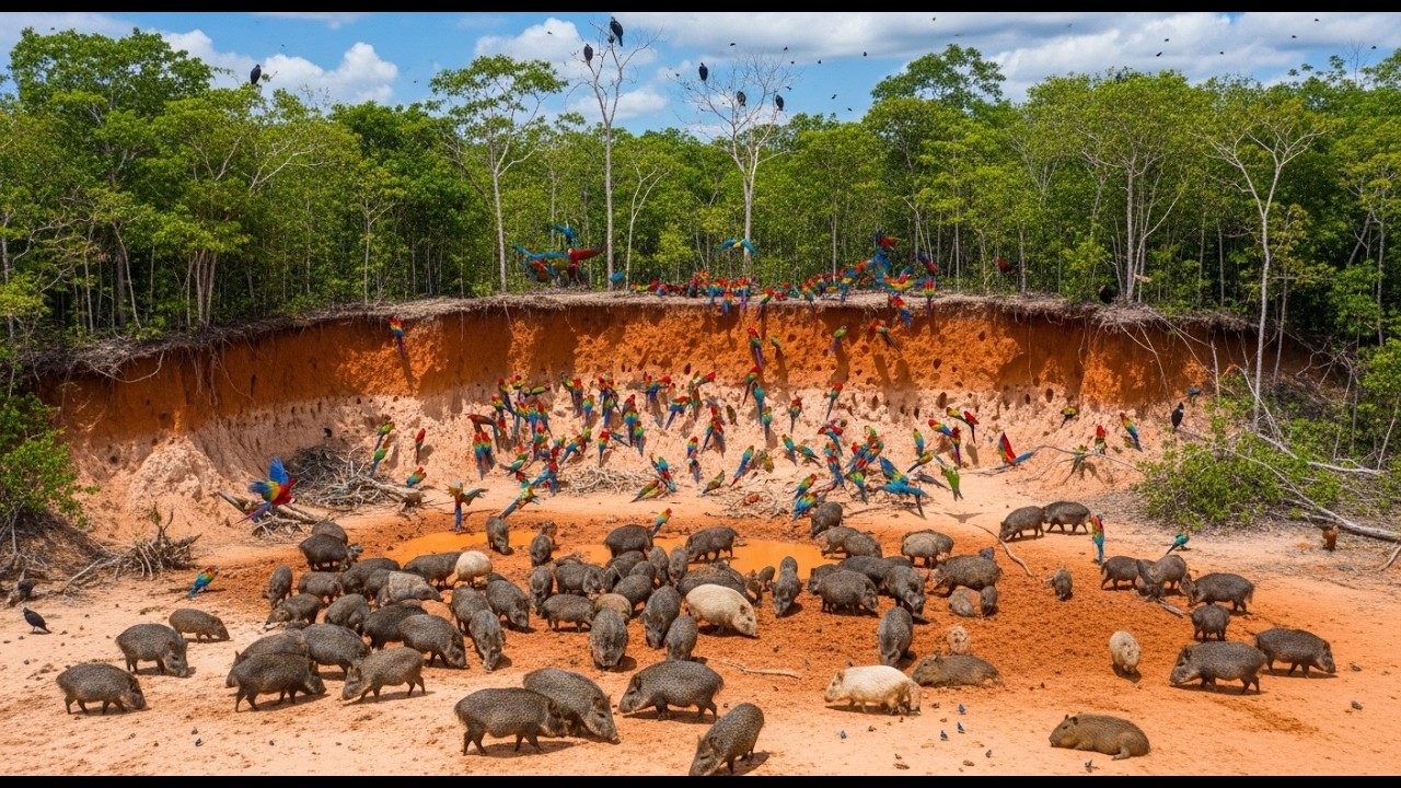 Relaxing Walk in the Amazon: Quiet Clay Clearing—Peccaries & Parrots | No Music