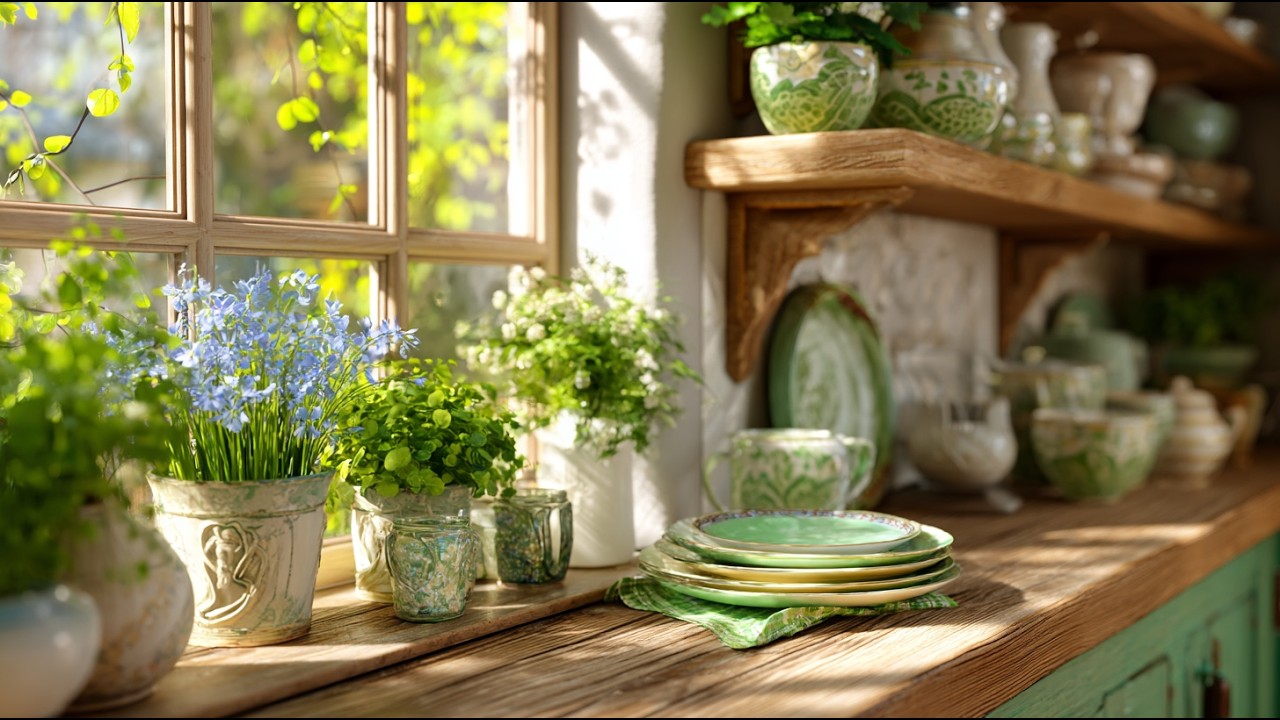 Spring Kitchen Decorating Ideas with Fresh Greenery, Light Wood, and Cheerful Color Accents!