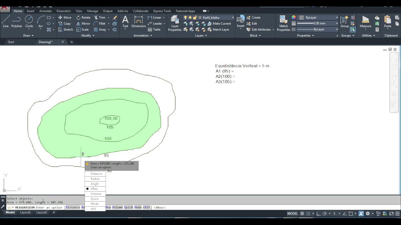 Volume usando curvas de nível no AutoCAD - Método da área média + volume de cone.
