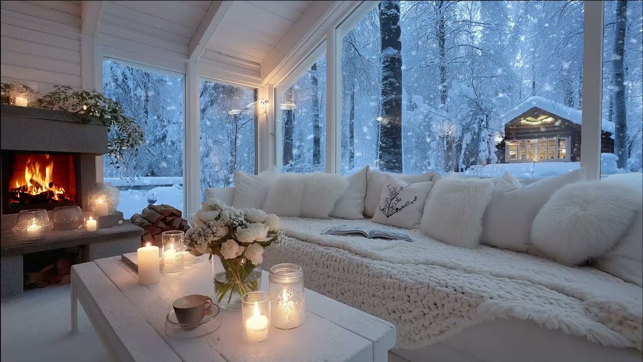🤍🎹 Cozy Snow & Fireplace Piano  | 10 Hours White Flower Lounge Ambience Study Relax Focus Calm
