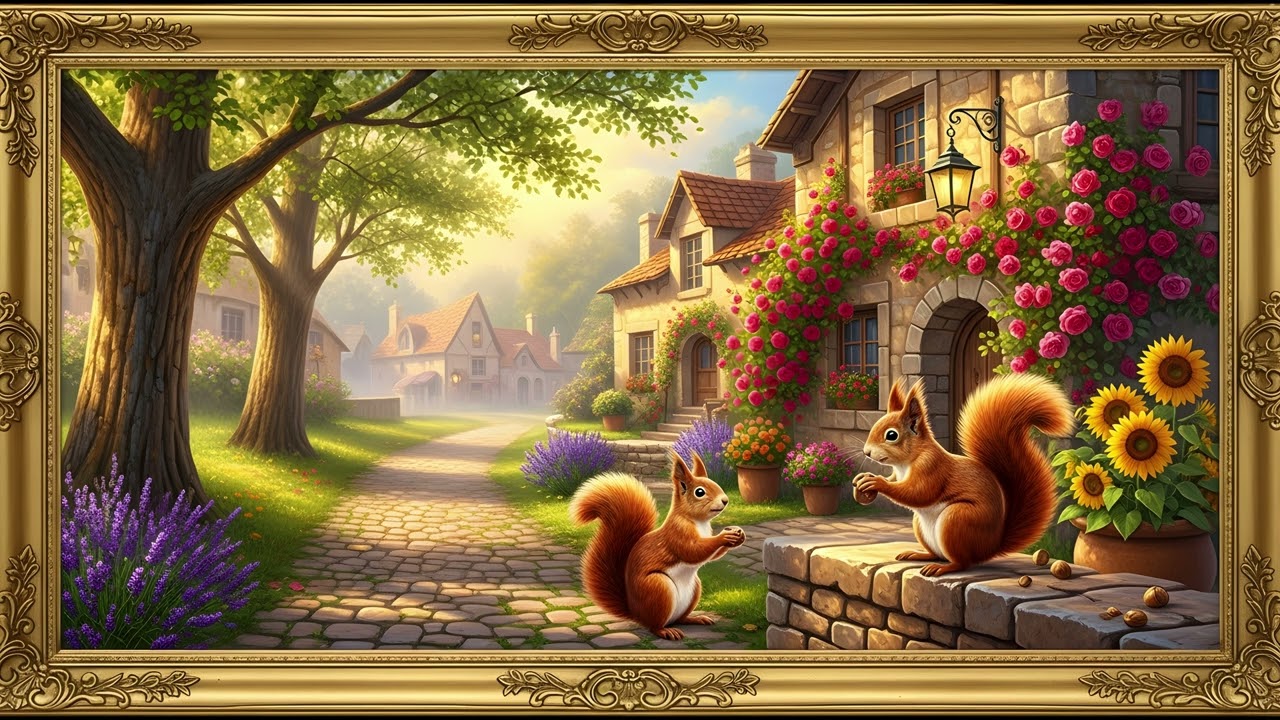 🌺🪻🐿️ Beautiful 4K Squirrel Painting: 2 Hour Art TV Wallpaper Loop (Framed)