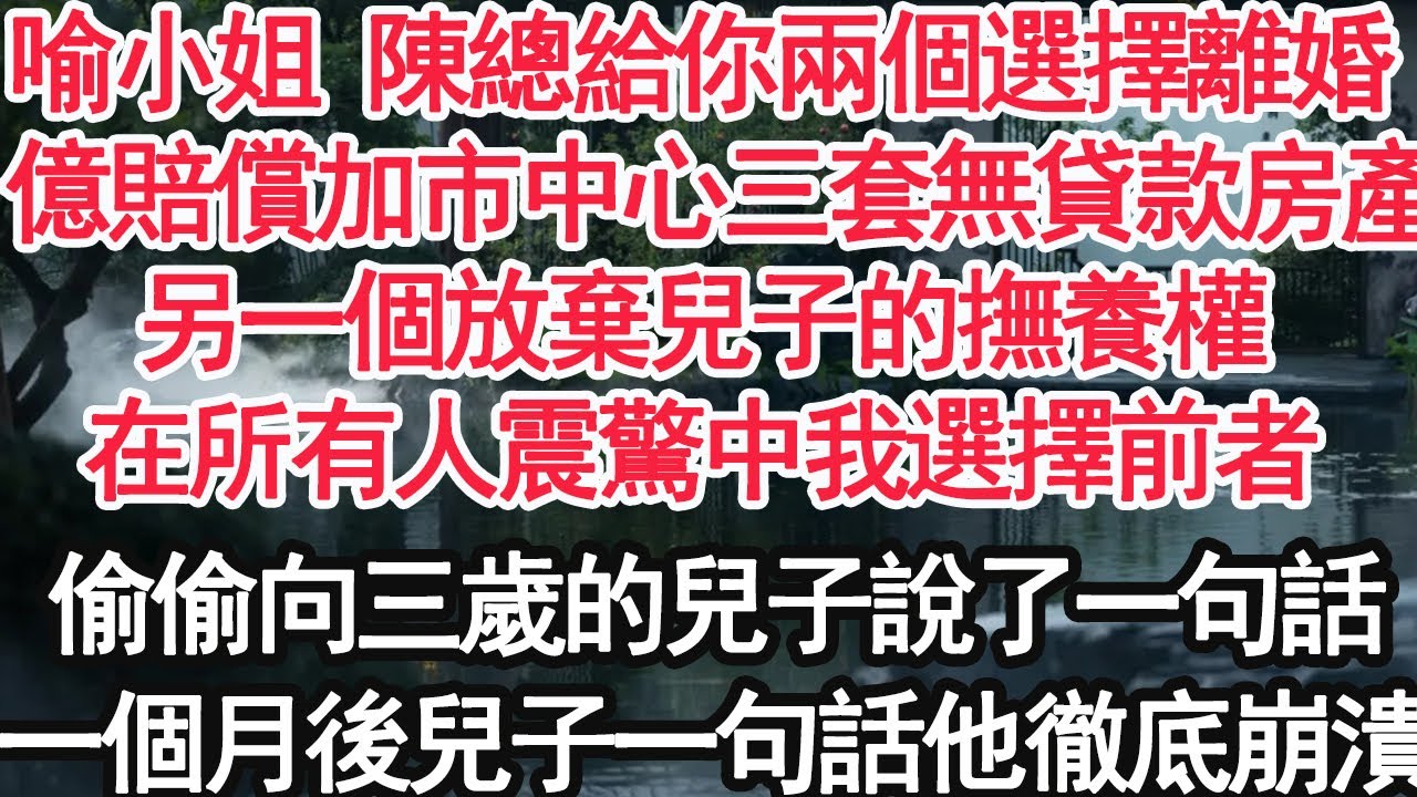 喻小姐 陳總給你兩個選擇離婚，1億賠償加市中心三套無貸款房產，另一個放棄兒子的撫養權，在所有人震驚中我選擇前者，偷偷向三歲的兒子說了一句話，一個月後兒子一句話他徹底崩潰【顧亞男】【大女主】【婚姻自主】