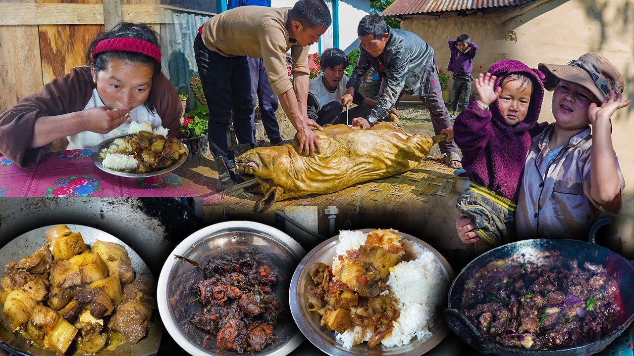 80 Kg Local Pig Cutting in the Rural Village || Pork Cutting, cooking and Eating || Pork Fry Recipe