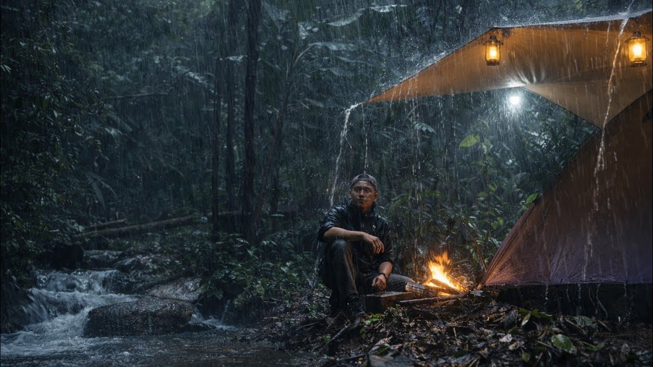 The atmosphere of heavy rain while camping on the riverbank.🌧️