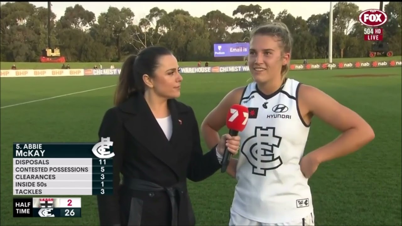 Abbie McKay - Halftime Interview - AFLW Season 7 Round 7 - Carlton @ St Kilda Saints