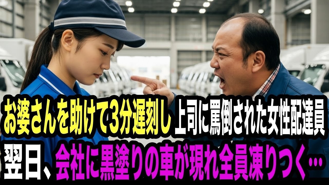 お婆さんを助けて3分遅刻し上司に罵倒された女性配達員。翌日、会社に黒塗りの高級車が現れて…